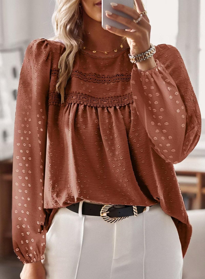 Falechay Cute Tops Womens Tunic Tops to Wear with Leggings Spring Shirts for Women Dressy Casual Lace Crochet Crew Neck Long Sleeve Cute Blouses Boho Clothing Plus Size XL Orange - Image 4