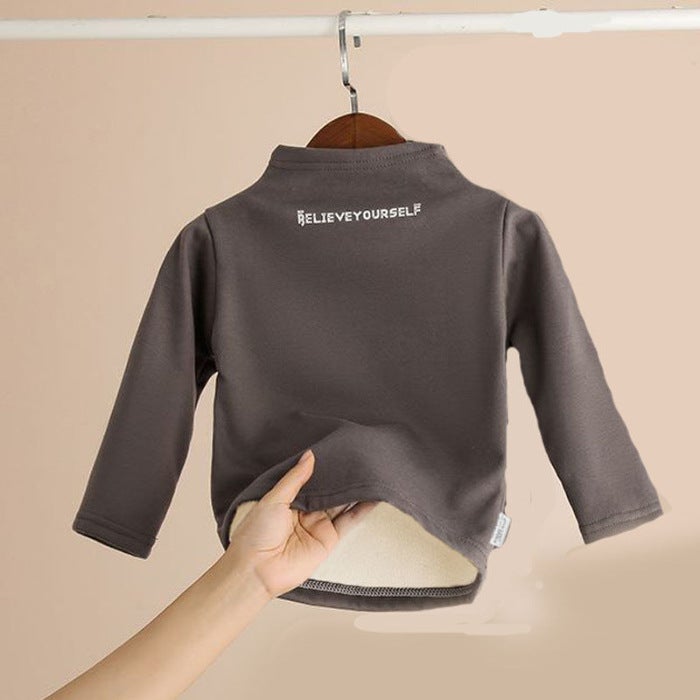 Childrens fleece-lined thickened turtleneck bottoming shirt suit winter boys and girls long johns underwear suit baby middle and big children Gray top