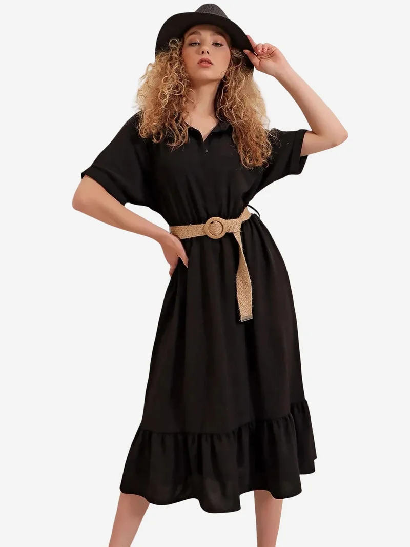 بيغ دارت فستان ميدي بحزام وياقة قميص من  بنقوش بارزة