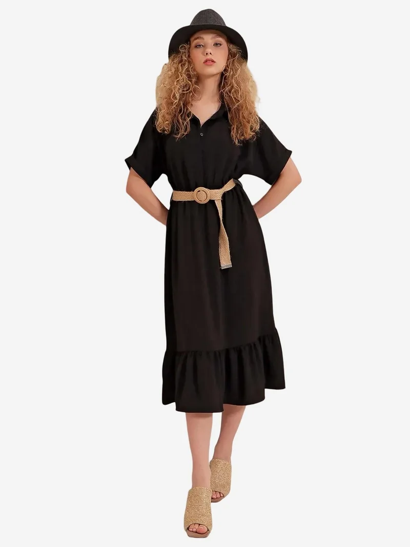 بيغ دارت فستان ميدي بحزام وياقة قميص من  بنقوش بارزة