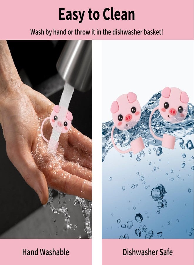 Whaline 4Pcs Pig Straw Cover Cap Pink Piggy Reusable Silicone Straw Topper Cute Animal 10Mm/0.4Inch Straw Tip Lid Protector For 30/40 Oz Tumbler Cup Accessories - Image 4