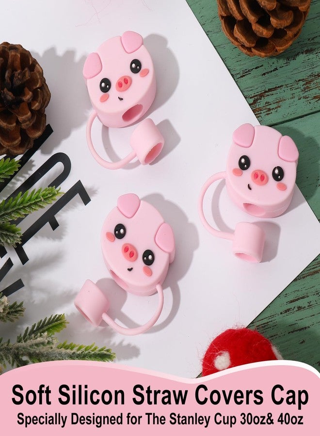 Whaline 4Pcs Pig Straw Cover Cap Pink Piggy Reusable Silicone Straw Topper Cute Animal 10Mm/0.4Inch Straw Tip Lid Protector For 30/40 Oz Tumbler Cup Accessories - Image 3
