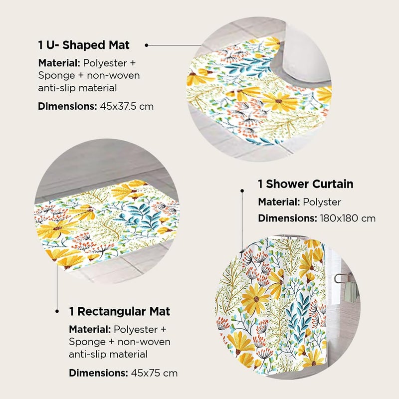 Kuber Industries Shower Curtain & Bathmat Set | Non-Slip Bath mats for Bathroom | Easy-Slide Curtains | Polyester Curtain or Bathmat for Bath Décor | XTL313-3T | 3 Pcs Set | Multicolor - Image 3