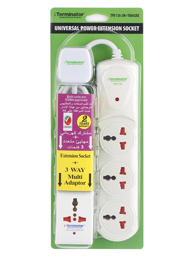 Terminator 3 Way Universal Power Extension Socket With Single Indicator 1.00mm2 Cable 2M 13A Fused Plug + Universal Multi Adaptor 