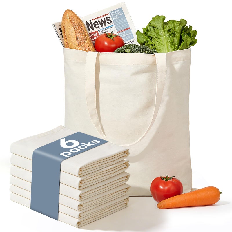HOTOR 6 Pack DIY Canvas Tote Bag â€“ Plain Lightweight Reusable Grocery Bags, Easy to Carry for Gift, Shopping, Work, 15.7" x 13", Beige - Image 1