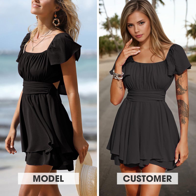 EXLURA Women's 2024 Summer Ruffle Short Sleeve Tie Back Romper Dress Square Neck A Line Cute Dressy Short Jumpsuits - Image 2