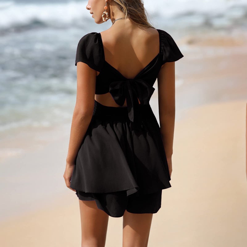 EXLURA Women's 2024 Summer Ruffle Short Sleeve Tie Back Romper Dress Square Neck A Line Cute Dressy Short Jumpsuits - Image 3