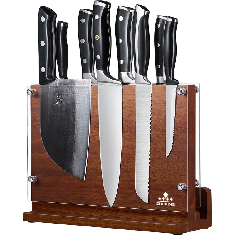 ENOKING Large Magnetic Knife Block Without Knives 31 x 235cm Double Sided Magnetic Knife Holder Stand with Removable Acrylic Shield for Safety Acacia Wood Knife Storage Organiser