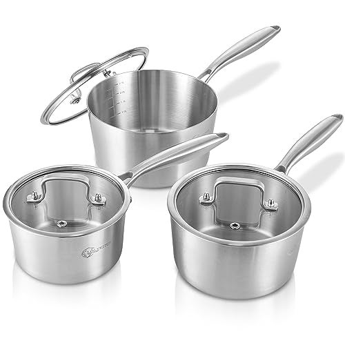 LOLYKITCH 1.5-2.5-3.0 QT, Tri-Ply Stainless Steel Saucepan Set of 3,Induction Cooking Pots,Sauce Pots with Lids,Pots and Pans Set,Detachable Handle and Dishwasher Safe. - Image 1