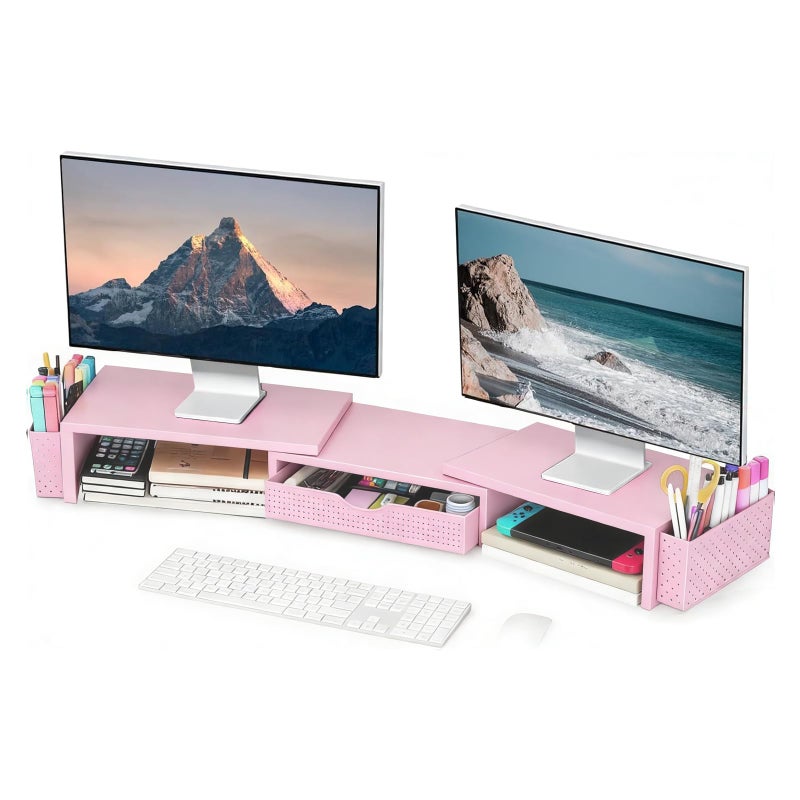 Spacrea Metal Desk Organizers and Accessories, Dual Monitor Stand Riser with Drawer and 2 Pen Holders, Desk Accessories & Workspace Desktop Organizers for Office Supplies (Pink) - Image 1