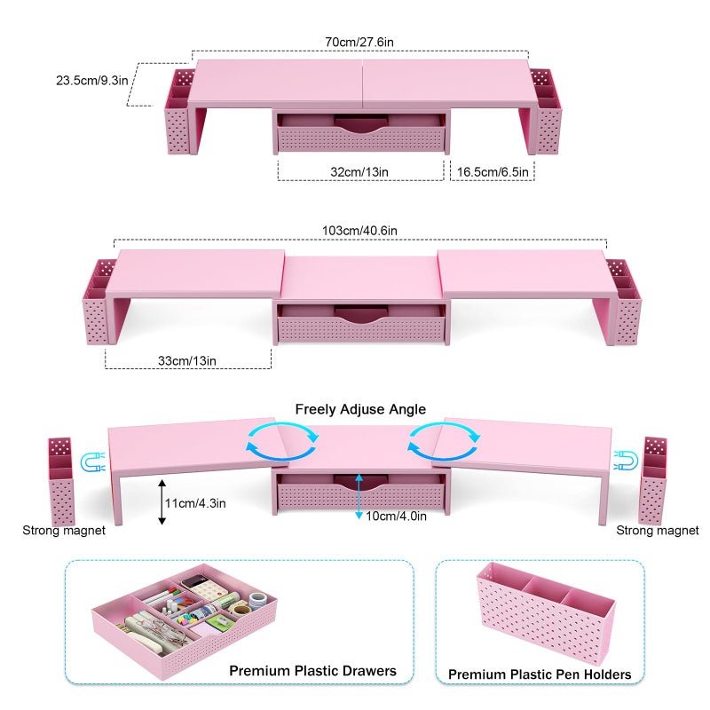 Spacrea Metal Desk Organizers and Accessories, Dual Monitor Stand Riser with Drawer and 2 Pen Holders, Desk Accessories & Workspace Desktop Organizers for Office Supplies (Pink) - Image 5