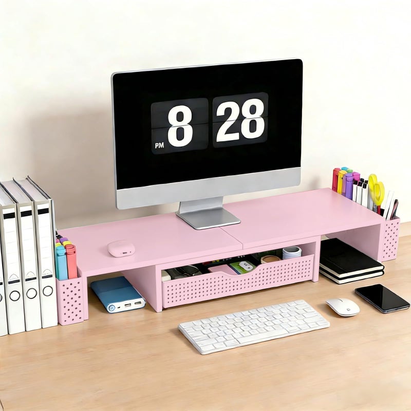 Spacrea Metal Desk Organizers and Accessories, Dual Monitor Stand Riser with Drawer and 2 Pen Holders, Desk Accessories & Workspace Desktop Organizers for Office Supplies (Pink) - Image 2