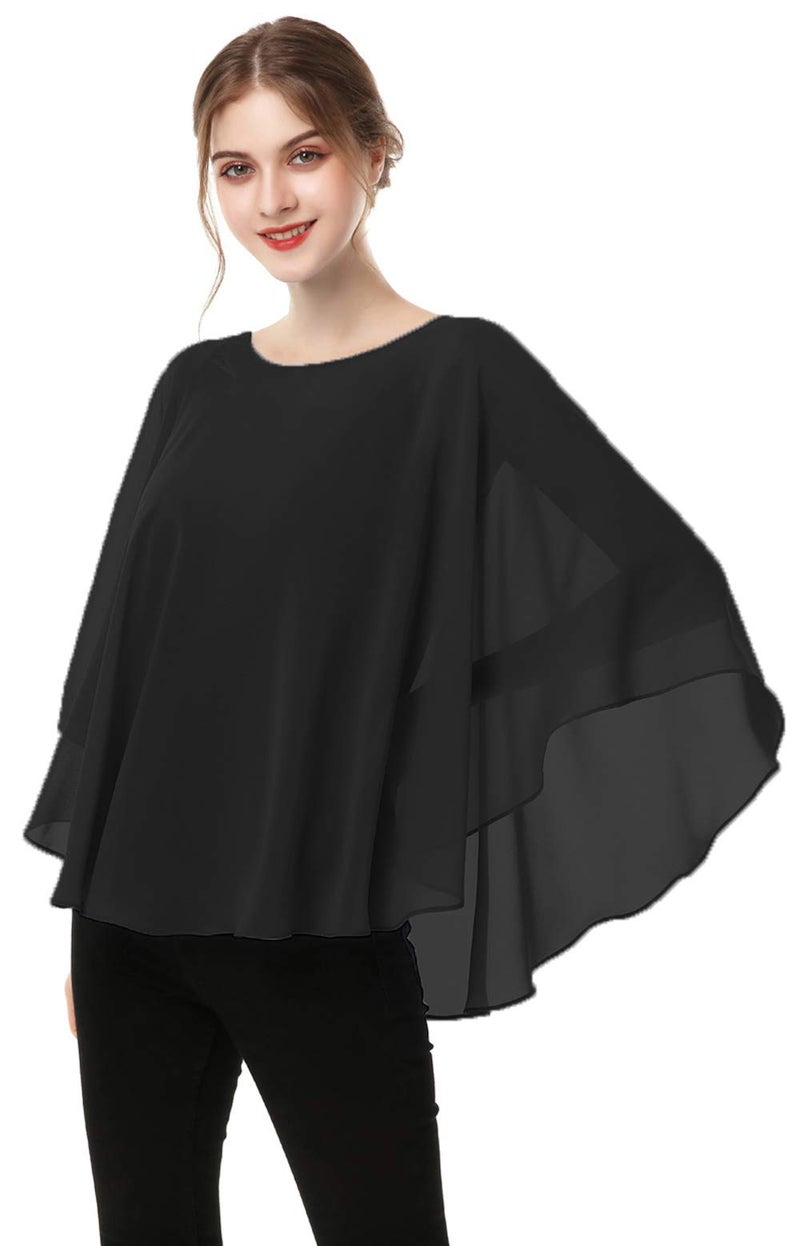 Hotshawl Capes for Womens Casual chiffon shawl Casual Chiffon Cape Sheer cape shawls and wraps Poncho Capelets Cover Up, Black, One Size - Image 1