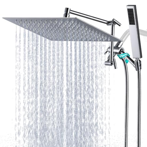 YDmeet All Metal 12" Rainfall Shower Head with Handheld Spray Combo, High Pressure Rain Shower Heads with Adjustable Extension Arm, Wide Dual Waterfall Showerhead, Extra Long Shower Hose - Polished Chrome - Image 1