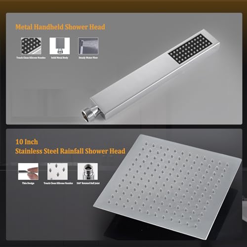 YDmeet All Metal 12" Rainfall Shower Head with Handheld Spray Combo, High Pressure Rain Shower Heads with Adjustable Extension Arm, Wide Dual Waterfall Showerhead, Extra Long Shower Hose - Polished Chrome - Image 5
