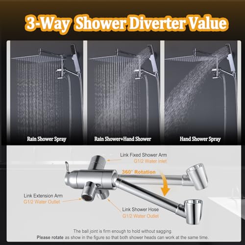 YDmeet All Metal 12" Rainfall Shower Head with Handheld Spray Combo, High Pressure Rain Shower Heads with Adjustable Extension Arm, Wide Dual Waterfall Showerhead, Extra Long Shower Hose - Polished Chrome - Image 2