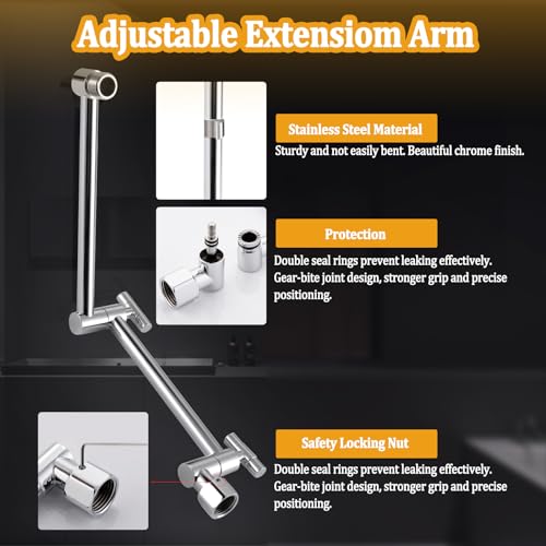 YDmeet All Metal 12" Rainfall Shower Head with Handheld Spray Combo, High Pressure Rain Shower Heads with Adjustable Extension Arm, Wide Dual Waterfall Showerhead, Extra Long Shower Hose - Polished Chrome - Image 4