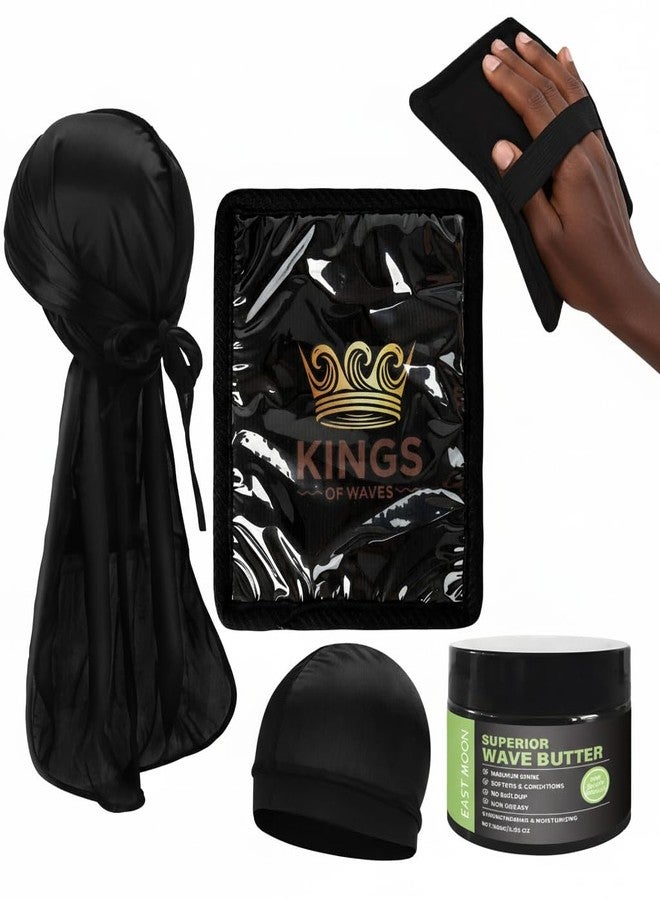 مجموعة KINGS OF WAVES Ultimate 360 Wave Kit للرجال - بوماد وزبدة للشعر المموج (بدون تراكم)، دوراج حريري، قبعة شعر مموجة قابلة للتهوية ووسادة تثبيت - نظام تدريب عميق للشعر المجعد (مجموعة تدريب زبدة الشعر المموج) - Image 1