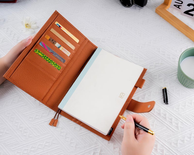 Ox Knight A5 Leather Planner Cover for Hobonichi Cousin, Stalogy, Midori, Leuchtturm1917, and More - with Pen Loop, Card Slots, Back Pocket, and Bookmarks (Brown) - Image 4