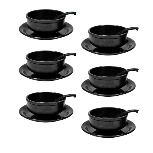 Ariya Melamine Soup Bowl Set | Set of 6 with Spoon & Saucer | Black - 350 ml | Microwave & Dishwasher Safe | Serving Bowls for Soup, Noodles, Cereal, Pasta & Oatmeal | Stain-Free Serving Bowls Sets - Image 1
