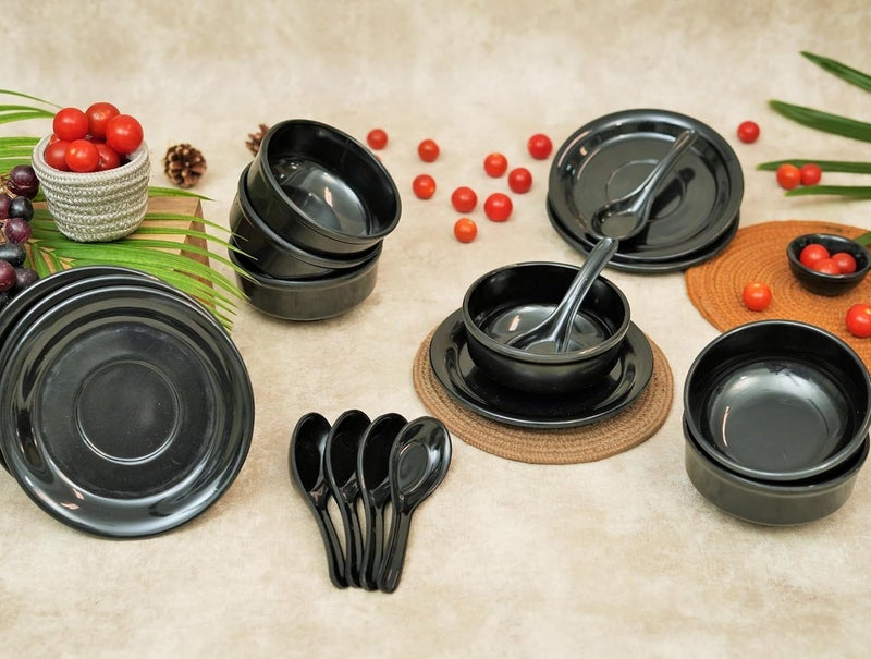 Ariya Melamine Soup Bowl Set | Set of 6 with Spoon & Saucer | Black - 350 ml | Microwave & Dishwasher Safe | Serving Bowls for Soup, Noodles, Cereal, Pasta & Oatmeal | Stain-Free Serving Bowls Sets - Image 2