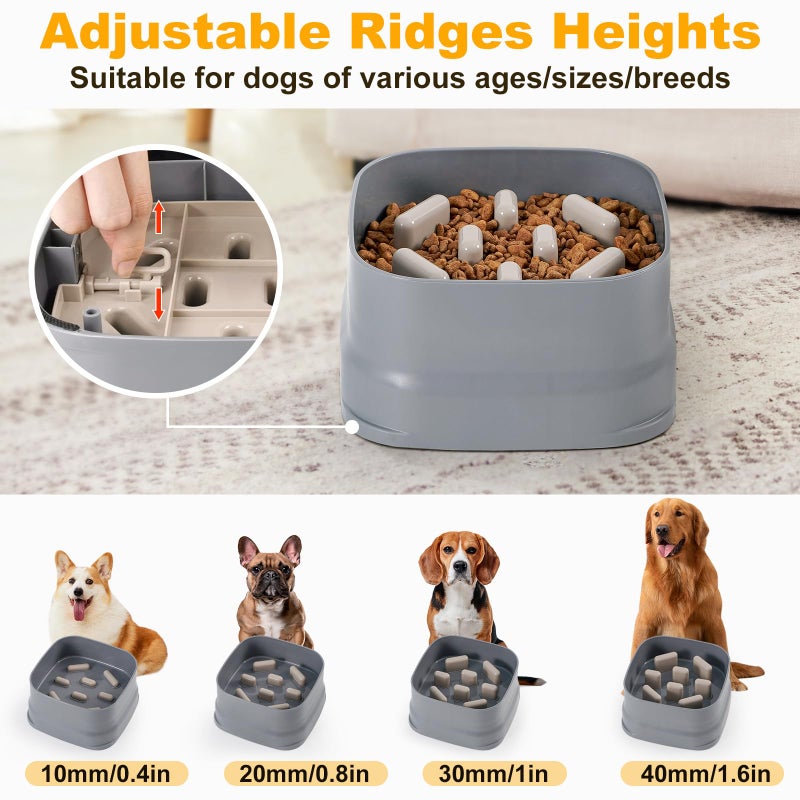 Sunhoo Slow Feeder Dog Bowls Large Breed Puppy Puzzle Feeding Dish Maze Feed Bowl Small Medium Dogs Plate Adjustable Ridges to Slower Down Eating Anti-slip Easy to Clean Indoor Use 7.5*7.5*4 in(Grey) - Image 3