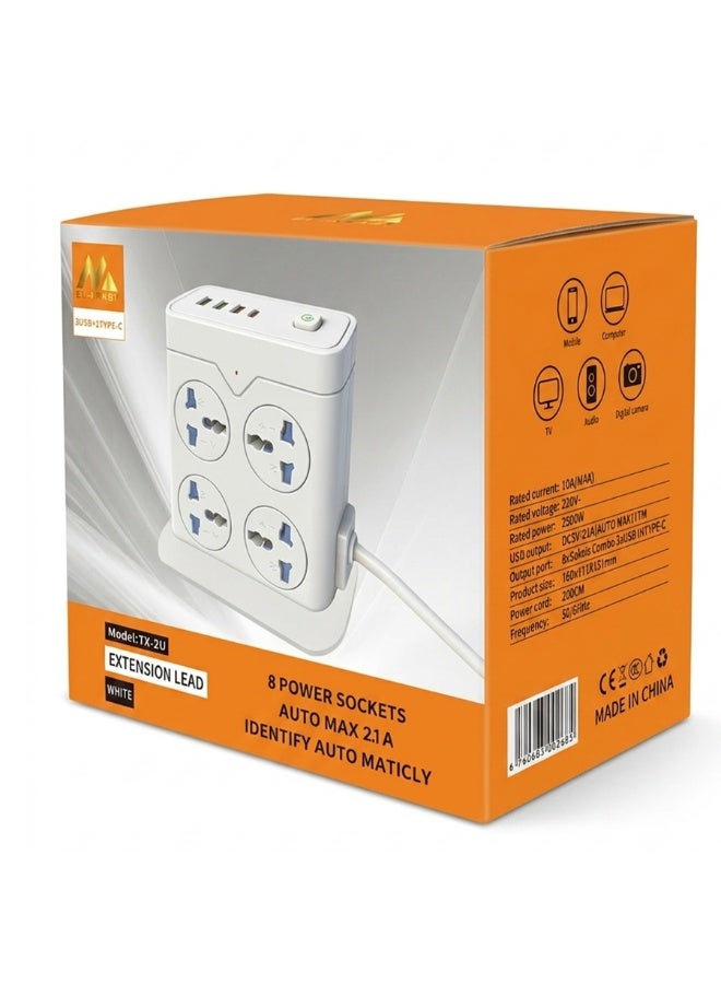 ELMAGHRABY TX-2U Power Extension Strip with Wireless Charger , 8 AC Sockets, 3 USB Ports & 1 USB-C Ports, 2M Heavy Duty Extension Cord, 2500W 10A Smart Fast Charging Power Strip with Individual Switch, Overload Protection & Child Safety for Home, Office, PC, TV & Mobile Devices – White - Image 2