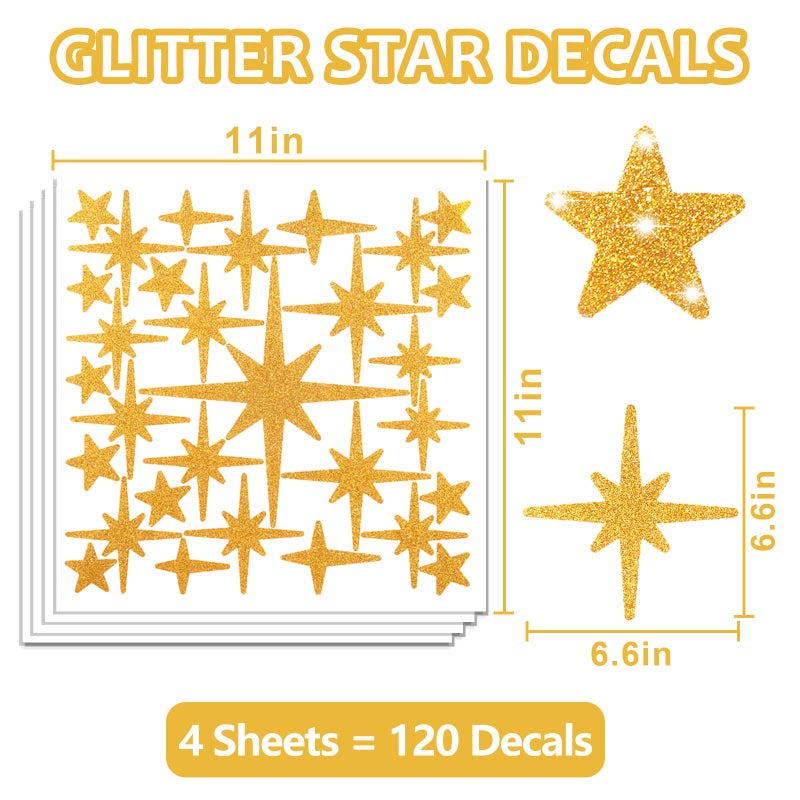 AOWDIAO Glitter Gold Star Peel and Stick Wall Decals - 120 Pcs, Assorted Shapes & Sizes for Room Decor - Image 2