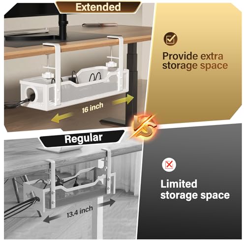 Cinati Under Desk Cable Management Large, Cinati 16" Cable Management Box for Table Thickness up to 3", Wire Cord Organizer with Clamp No Drill, No Damage to Desk (White) - Image 2