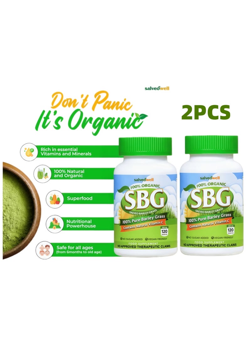 Salveowell 2-Pack 100% Organic Barley Grass Powder Supplement，Rich In Nutrients, Vitamins And Antioxidants 120 Capsules - Image 1