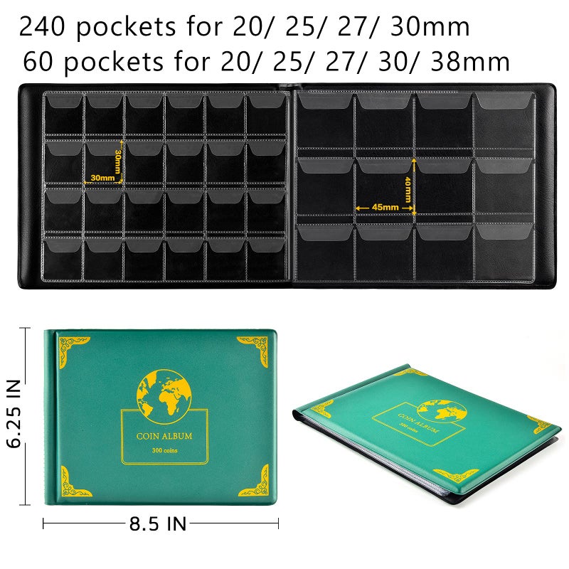 Aptbyte Coin Collection Supplies Holder Book for Collectors, 300 Pockets Coin Collection Organizer Storage Box Case Album for 20/25/ 27/30/ 38mm Coins (Earth Pattern Green) - Image 4