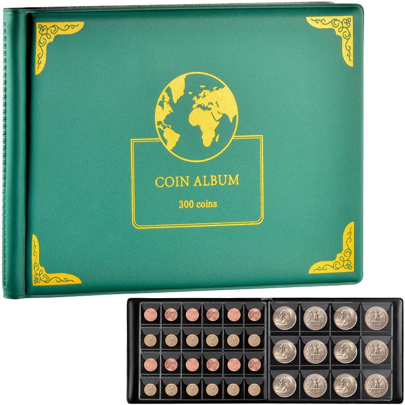 Aptbyte Coin Collection Supplies Holder Book for Collectors, 300 Pockets Coin Collection Organizer Storage Box Case Album for 20/25/ 27/30/ 38mm Coins (Earth Pattern Green) - Image 1