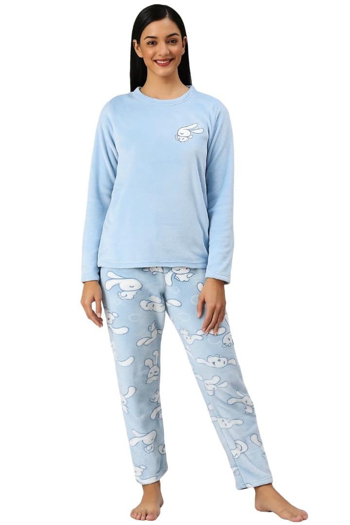 CAMEY Women's Winter Full Sleeve Top and Pajama Pants Regular Fit Night Suit Round/V-Neck Top and Pyjama Sets Ladies Night Dress (Sky Blue, XL) - Image 1