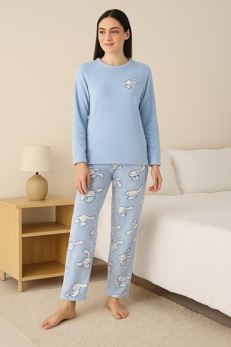 CAMEY Women's Winter Full Sleeve Top and Pajama Pants Regular Fit Night Suit Round/V-Neck Top and Pyjama Sets Ladies Night Dress (Sky Blue, XL) - Image 2