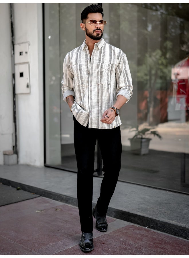 Mens Stripes Full Sleeve Half White Brown Shirt