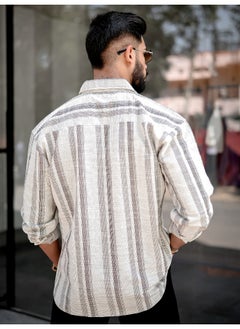 Maniac Mens Stripes Full Sleeve Half White Brown Shirt  - Image 3