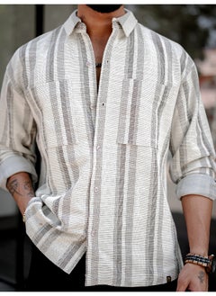 Maniac Mens Stripes Full Sleeve Half White Brown Shirt  - Image 5