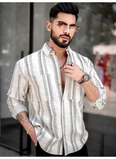 Maniac Mens Stripes Full Sleeve Half White Brown Shirt  - Image 4