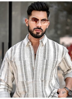 Maniac Mens Stripes Full Sleeve Half White Brown Shirt  - Image 1