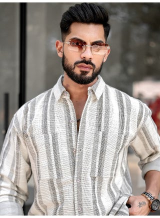 Mens Stripes Full Sleeve Half White Brown Shirt - pzsku/ZEEB05792AE384F22A2CDZ/45/1746189055/cdb39b7d-eb9f-41b7-a68d-907d535223d2