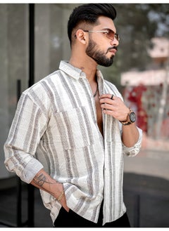 Maniac Mens Stripes Full Sleeve Half White Brown Shirt  - Image 2