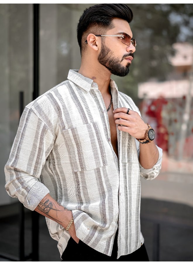 Maniac Mens Stripes Full Sleeve Half White Brown Shirt  - Image 2
