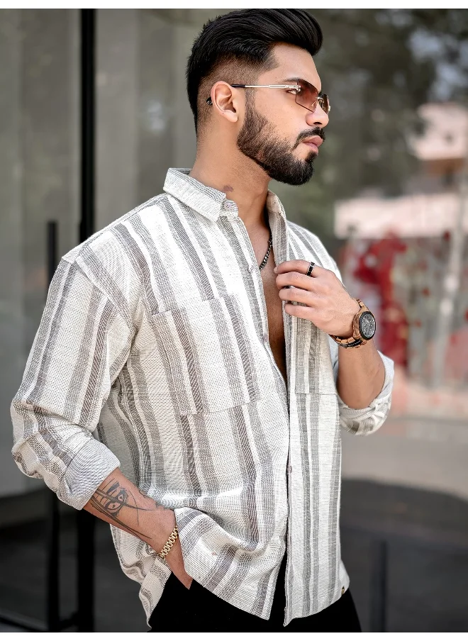 مانياك Mens Stripes Full Sleeve Half White Brown Shirt