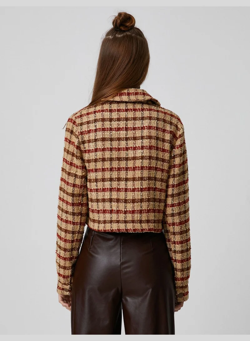 KOTON Check Long Sleeve Tweed Crop Shacket