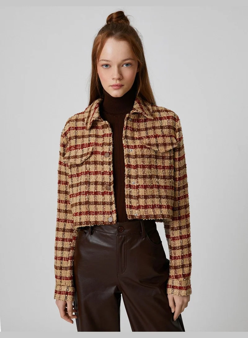 KOTON Check Long Sleeve Tweed Crop Shacket