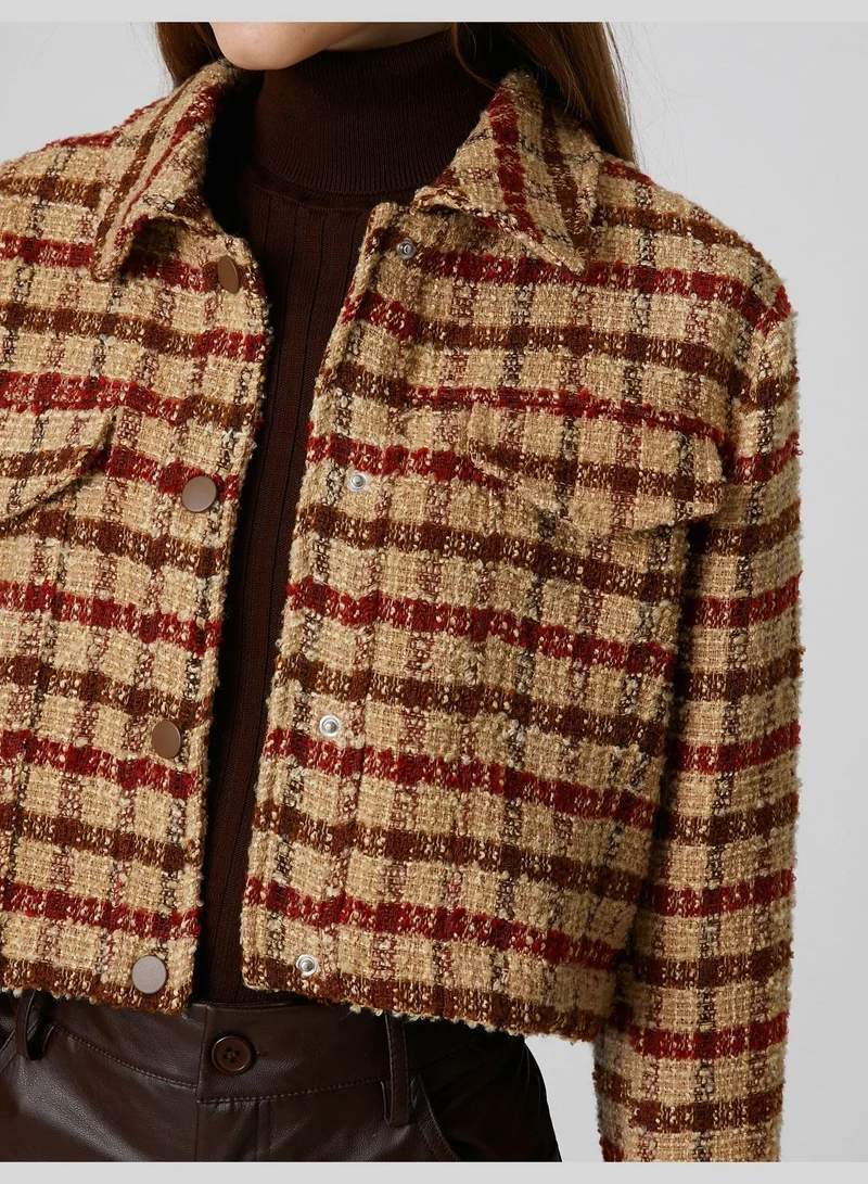 KOTON Check Long Sleeve Tweed Crop Shacket