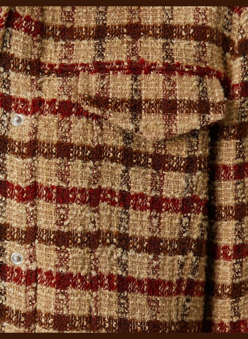 KOTON Check Long Sleeve Tweed Crop Shacket