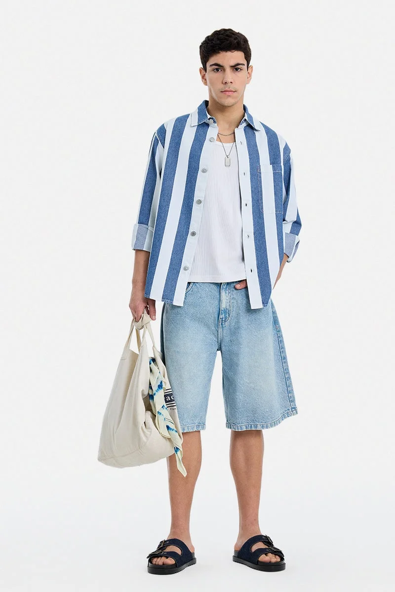 سنيتش Dark Blue Striped Long Sleeve Loose Fit Overshirt