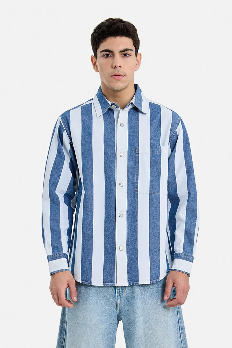 سنيتش Dark Blue Striped Long Sleeve Loose Fit Overshirt