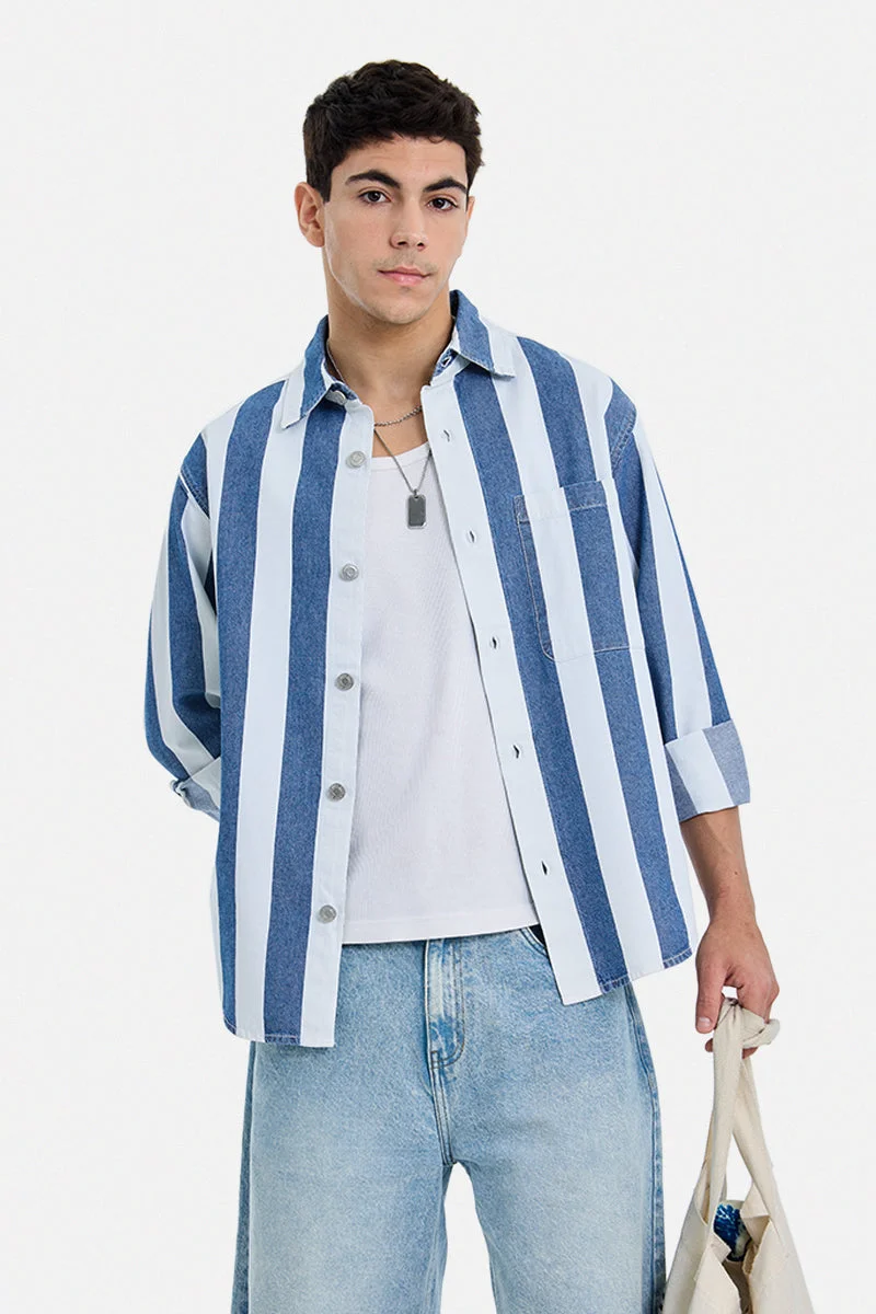 SNITCH Dark Blue Striped Long Sleeve Loose Fit Overshirt